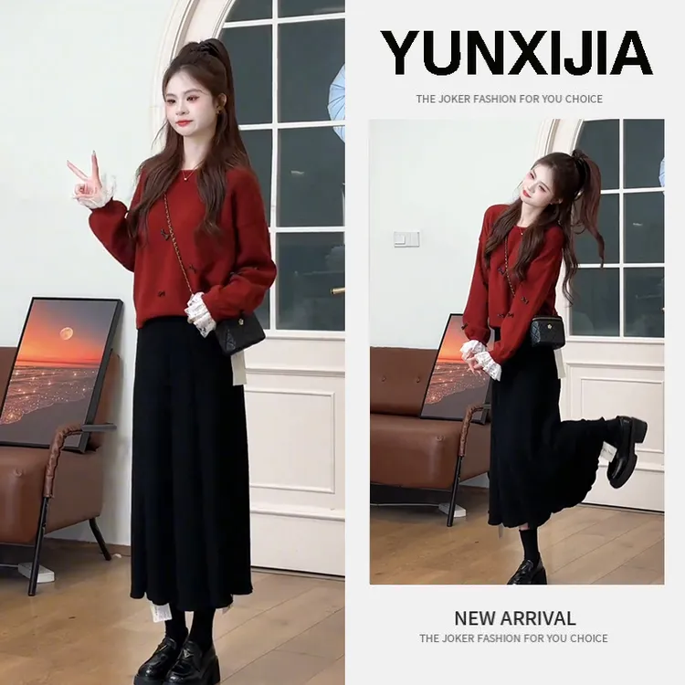 过年一整套复古红色蝴蝶结毛衣女韩版温柔系针织上衣半身裙两件套