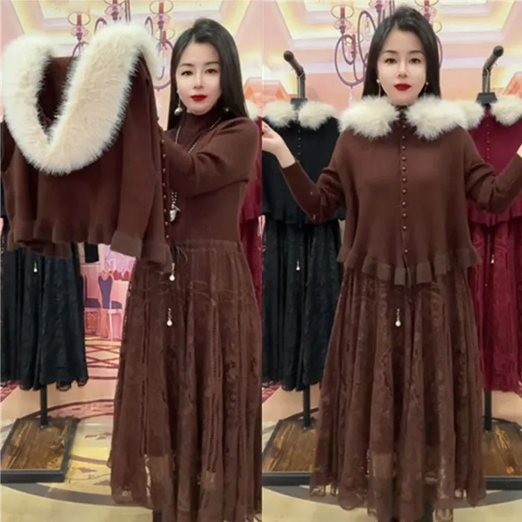 时尚套装裙子网红毛领连帽韩版中长款女装连衣裙马甲秋冬套装爆款