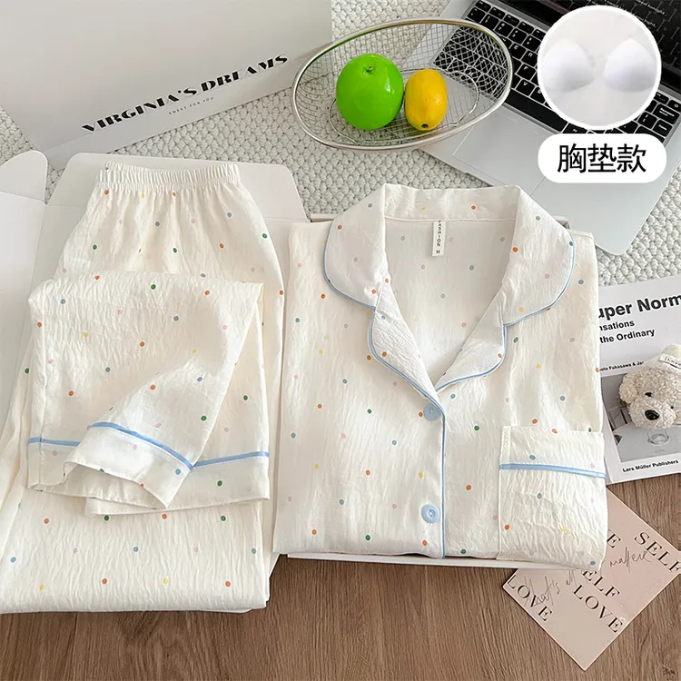 【带胸垫】长袖翻领睡衣女春秋季甜美可爱卡通家居服开衫套装139