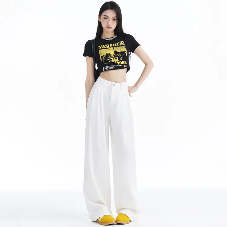 白色高腰天丝牛仔裤女2025夏季新款皱褶设计感宽松垂感拖地阔腿裤
