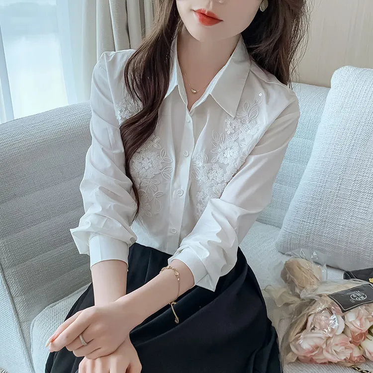 质感优雅气质衬衫高级感亮片装饰翻领别致漂亮长袖2025秋季新款