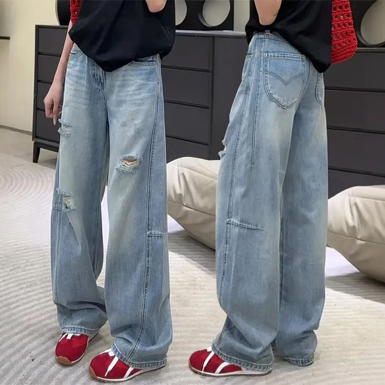 La Chapelle/拉夏贝尔夏季薄款大码阔腿弯刀牛仔裤胖mm梨形身材裤