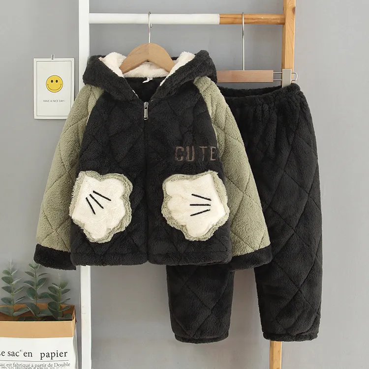 儿童睡衣男女童冬季加厚珊瑚绒三层夹棉连帽拼色法兰绒家居服套装