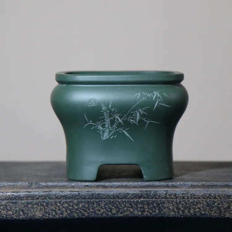 紫砂花盆苏兵墨绿泥手工盆精品手工盆名家盆刻绘古典六方形正方形