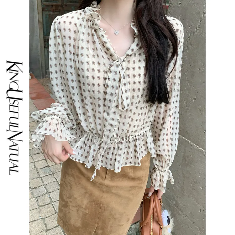 KUN【吉赛尔】复古造型 腰果花金丝皱设计宽松版型飘带秋款衬衫上衣