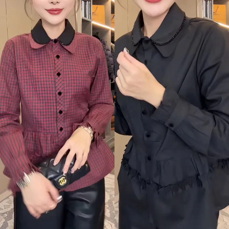 简约纽扣宽松型衬衣百搭上衣翻领格子衬衫宽松长袖女