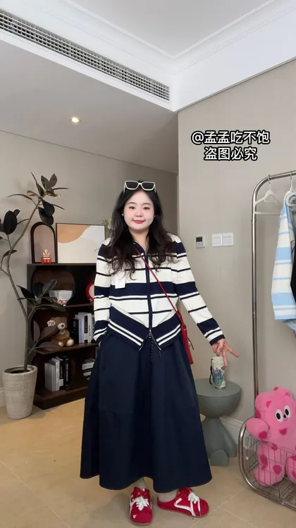 （G672）时尚条纹大码连帽针织开衫女2025秋季新款拉链防晒外套女