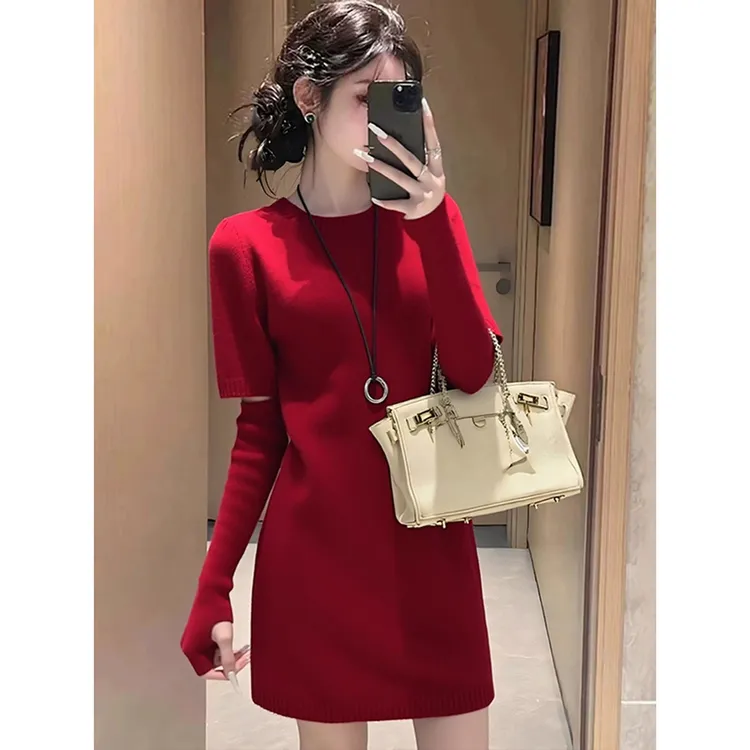 巨好看的冬装法式红色针织连衣裙子女2025新款冬季小个子毛衣短裙