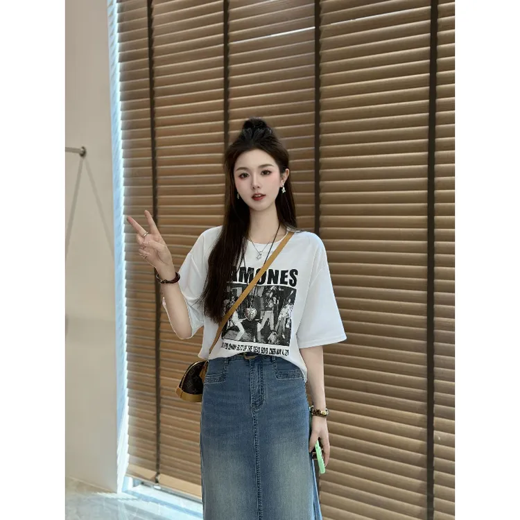 宿慕SUMU女装夏季字母印花短袖T恤2025新款百搭圆领宽松上衣1221