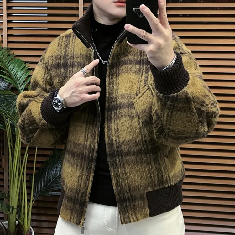 冬季男士短款立领格子拼色双面呢毛呢潮流保暖外套