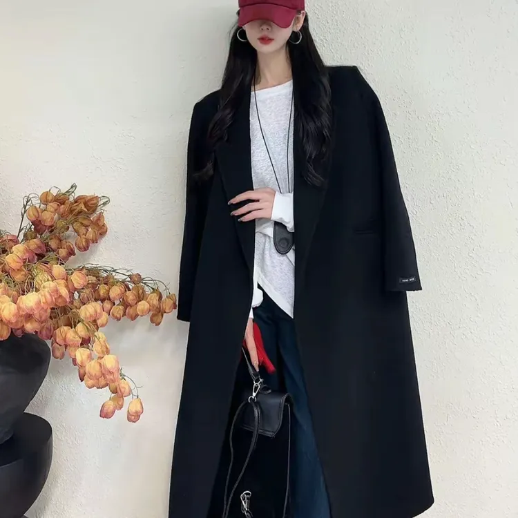 秋冬长款过膝显瘦气质双面毛呢外套时尚百搭