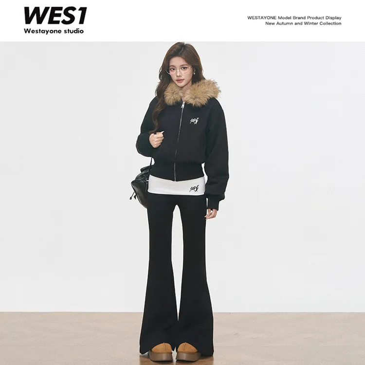 10月新品 WESTAYONE毛领卫衣外套女2025新款秋冬/翻边加绒微喇裤