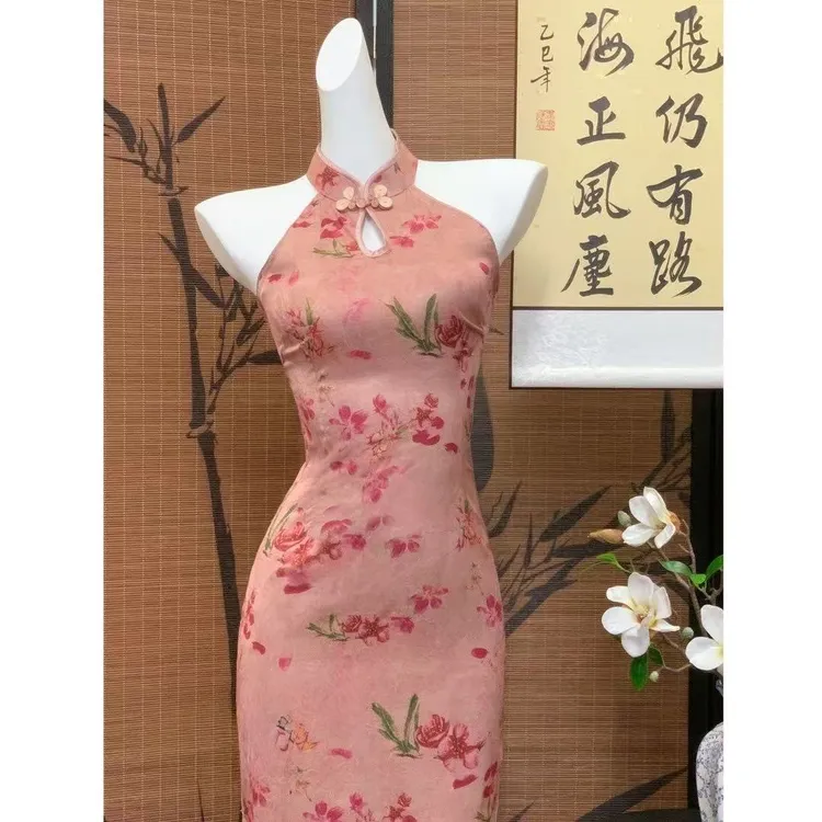 【虞美人】衣长120新中式水滴领挂脖夏季新款少女风旗袍裙单层