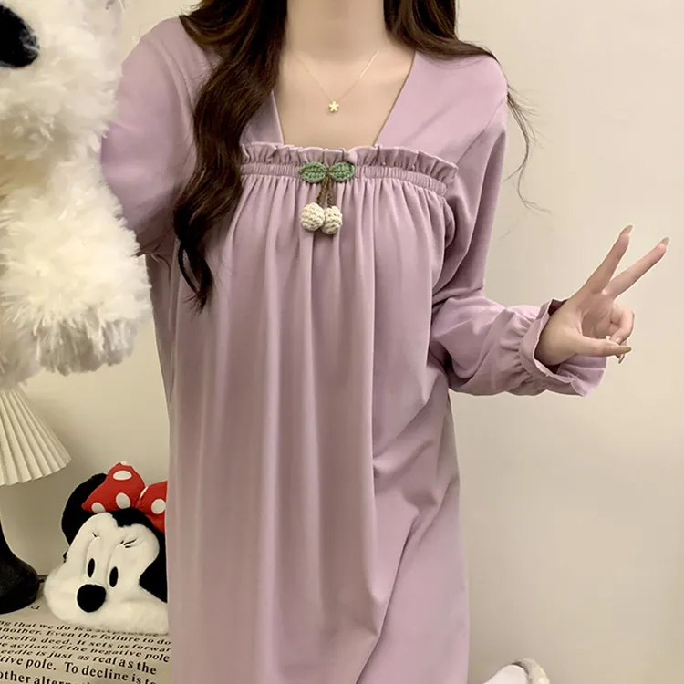 德绒睡裙睡衣女秋冬季加肥加大2025新款甜美公主风紫色樱桃家居服