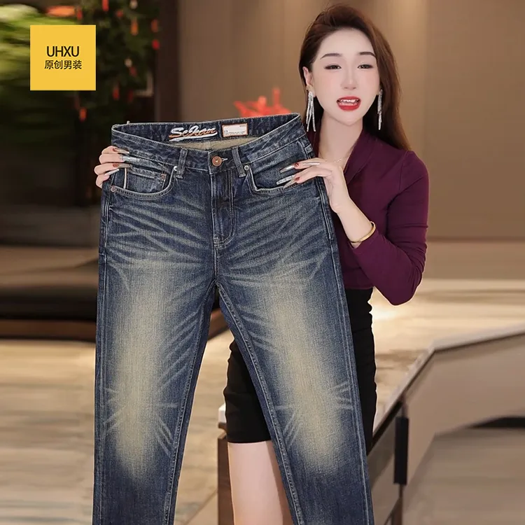 UHXU赤耳丹宁高端冬季美式复古牛仔裤男轻奢潮牌修身直筒显瘦长裤