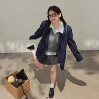 张大人【明洞学姐】大码女装微胖妹妹学院西装衬衫叠搭针织马甲套装