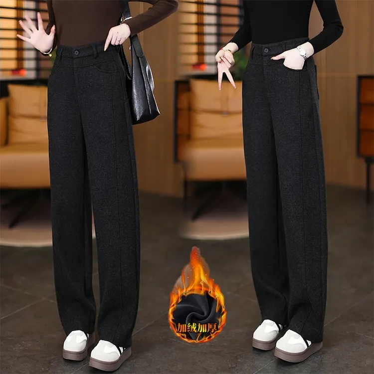 拉夏贝尔雪花毛呢香蕉裤秋冬季高腰显瘦垂感毛呢加绒直筒弯刀女裤