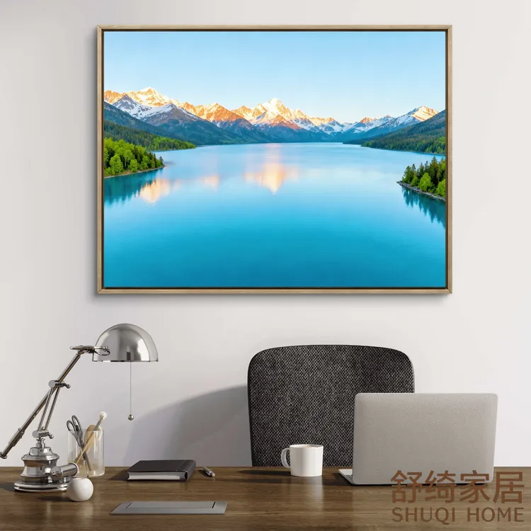 高级大气简约办公室挂画蓝天湖五行喜水生财招财画背有靠山事业兴