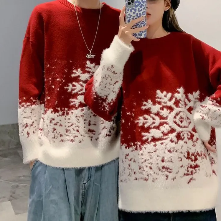 新年圣诞情侣装炸街水貂绒半领毛衣女秋版慵懒宽松针织