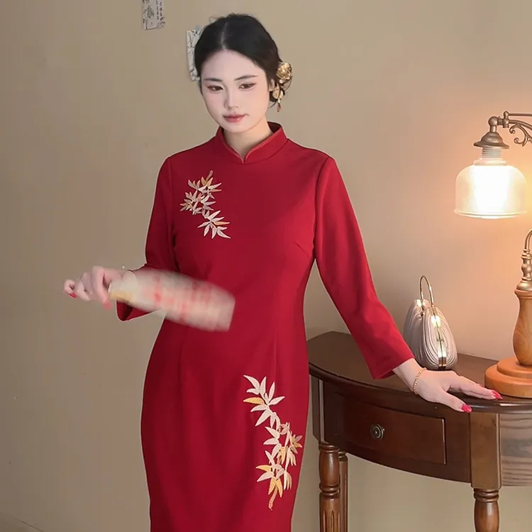 风华【自制款】秋季新品红色喜庆竹叶刺绣大码胖mm旗袍连衣裙结婚