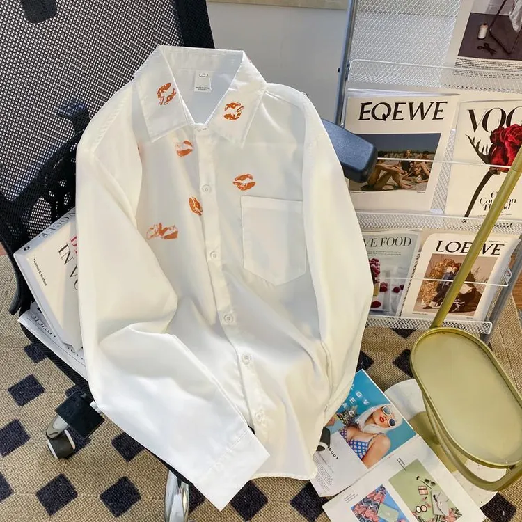 口红唇印白色长袖衬衫秋季高级感痞帅ins潮流宽松休闲衬衣外套