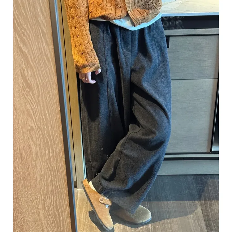 灰色慵懒风加厚毛呢裤秋冬大码胖mm裤梨形身材宽松显瘦阔腿休闲裤