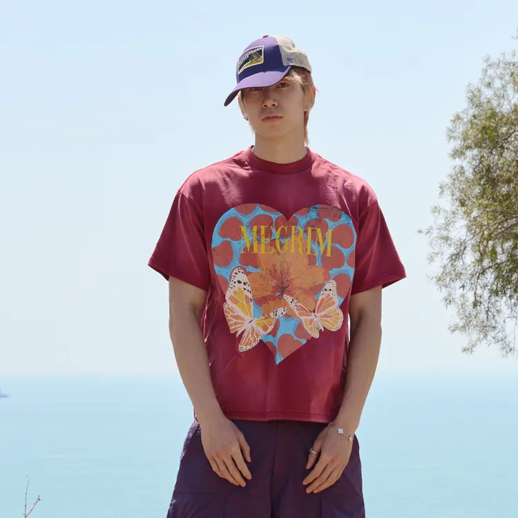 RUSURE 美式复古水洗做旧蝴蝶印花宽松短袖T恤男女同款