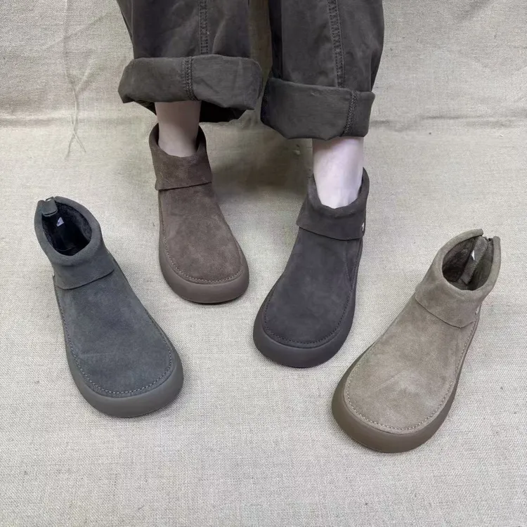 D28-626新款秋冬季加绒平底软面舒适短靴后拉链纯色复古百搭休闲