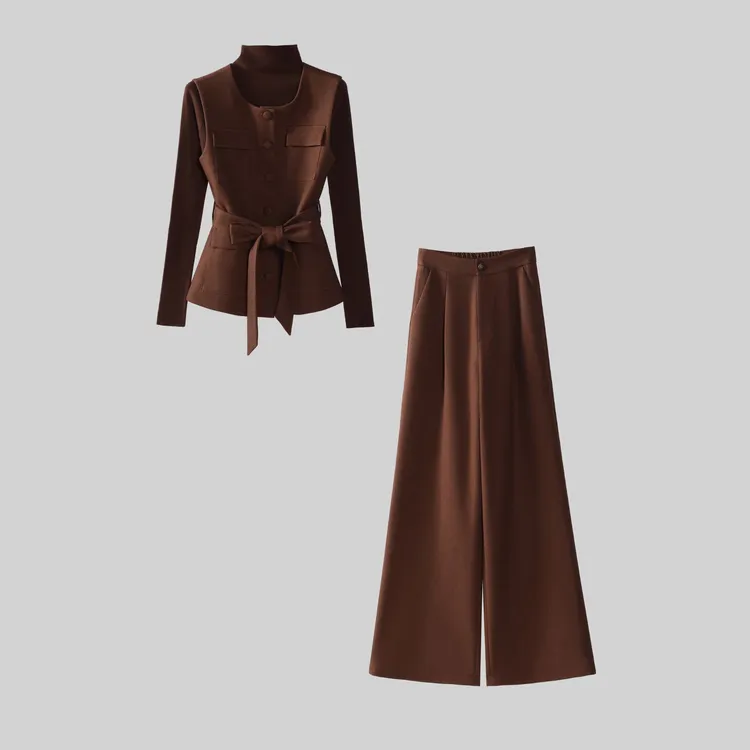 【纪朵研】8098# 三件套宽松显瘦遮肉时尚马甲外套阔腿裤套装女