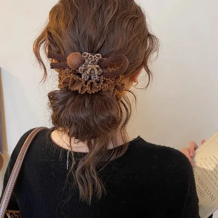 豹纹小熊毛球大肠发圈女高级感低马尾皮筋头花盘发丸子头绳发绳秋