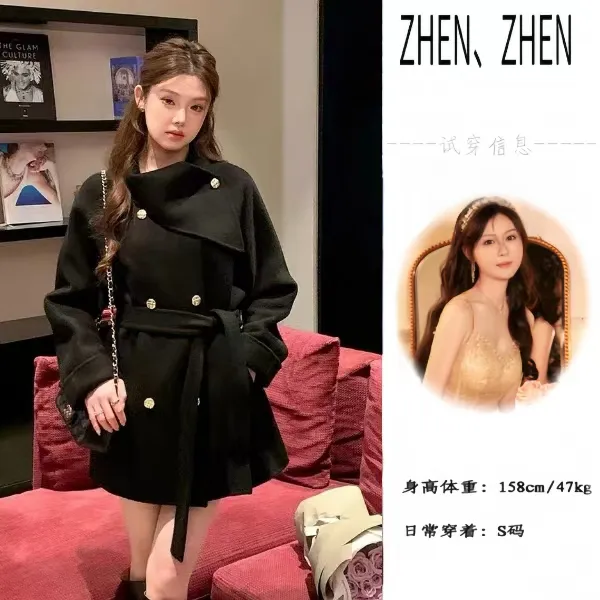【千金女主】冬季网红名媛显瘦围脖领系带白色呢子大衣短款毛呢大衣