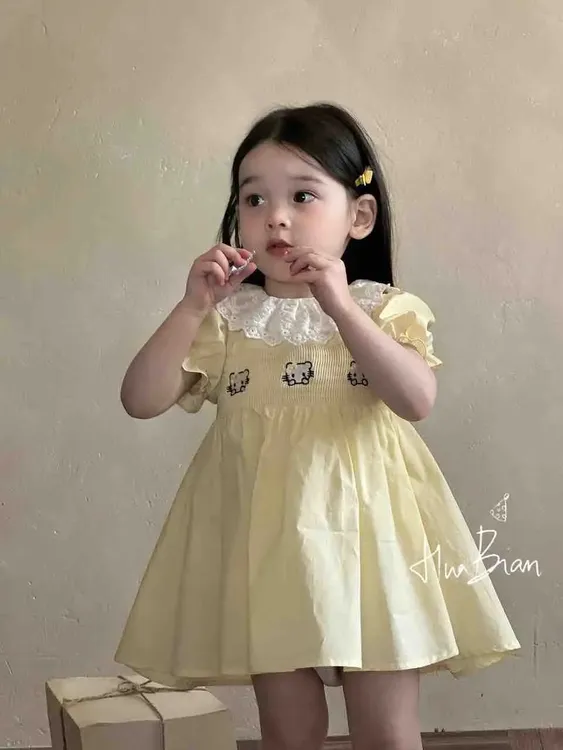 花编现货夏季新款女童女宝花边娃娃领kt猫刺绣公主连衣裙纯棉布裙