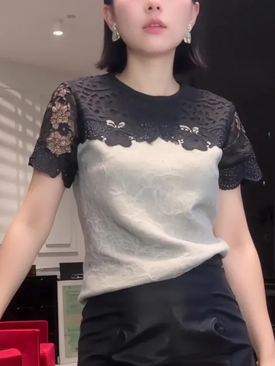高级感蕾丝拼接短袖2025夏季新款气质法式洋气T恤设计感百搭上衣