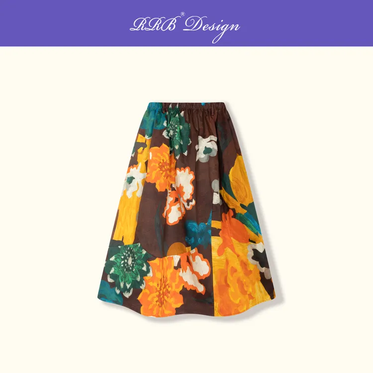 RRB Design「高定秀款」宽松显瘦设计感印花撞色松紧腰半身裙