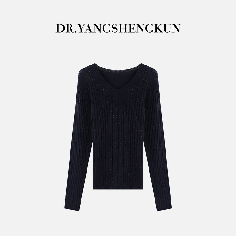 杨圣坤2025新品100%山羊绒V领重工烫钻竖条长袖针织衫SQ2591120