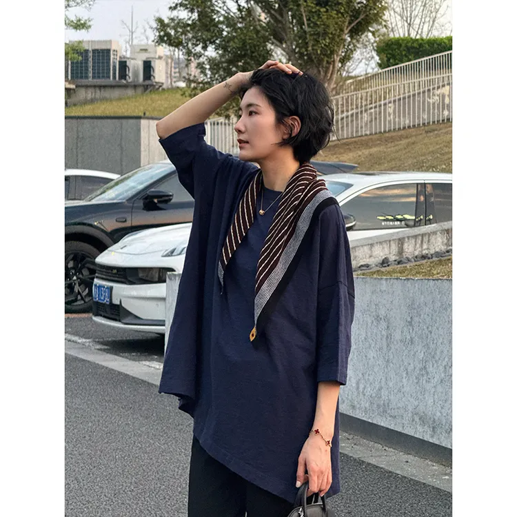 LANGQING 大版纯棉七分袖t恤女夏季宽松oversize中长款上衣43954#