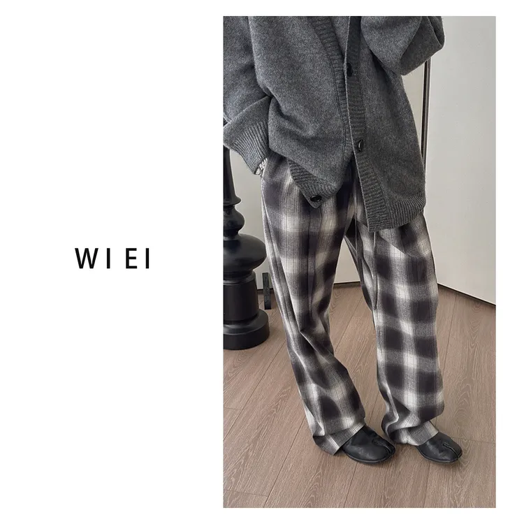 《WI EI》梦幻格裤*复古渐变格纹宽松垂顺抽绳腰直筒裤W25302191