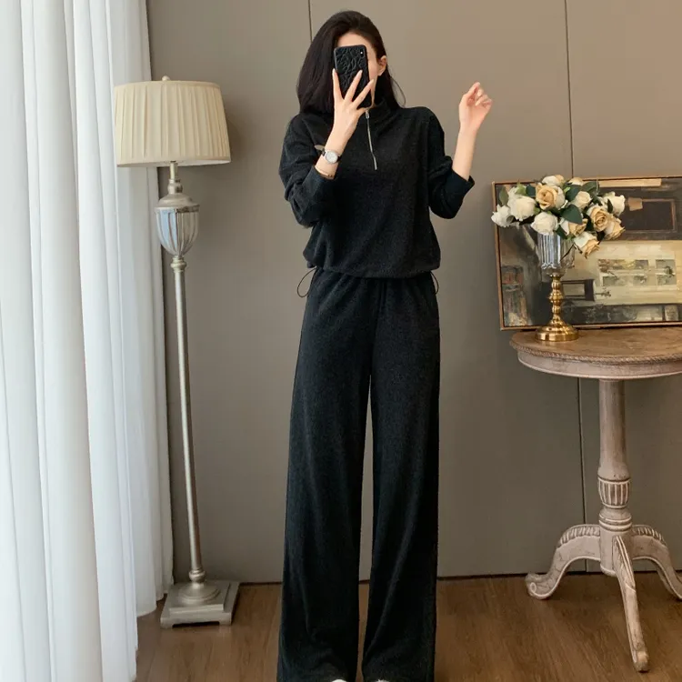 休闲风法式时尚套装裤子上衣运动直筒休闲裤秋冬长裤两件套春秋