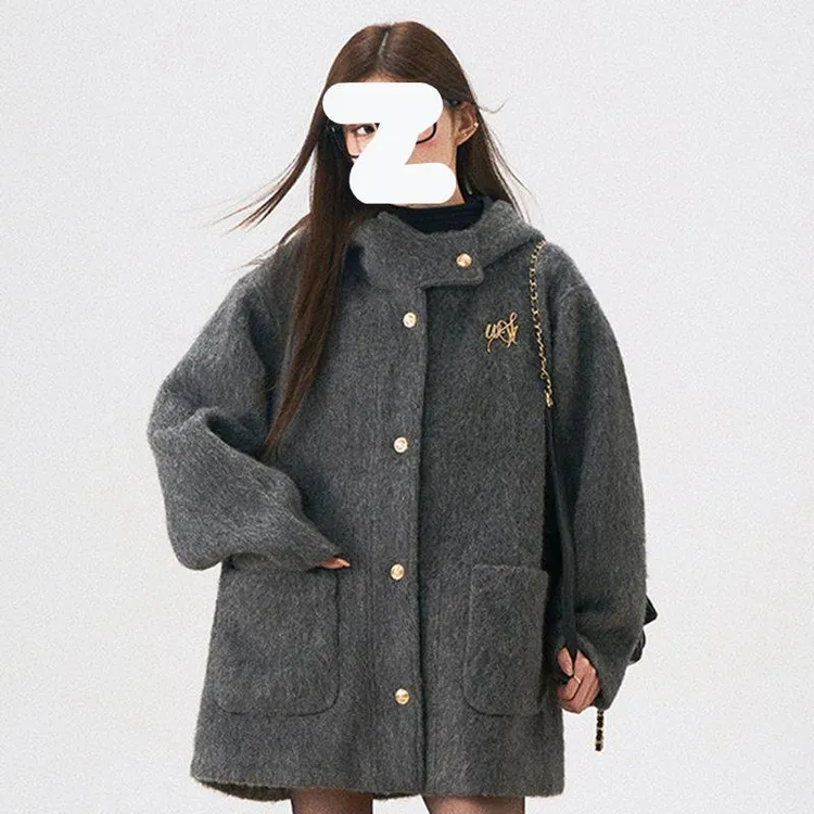 新品新款女冬季高级感保暖羊毛外套贵气呢子大衣时尚秋季连帽宽松