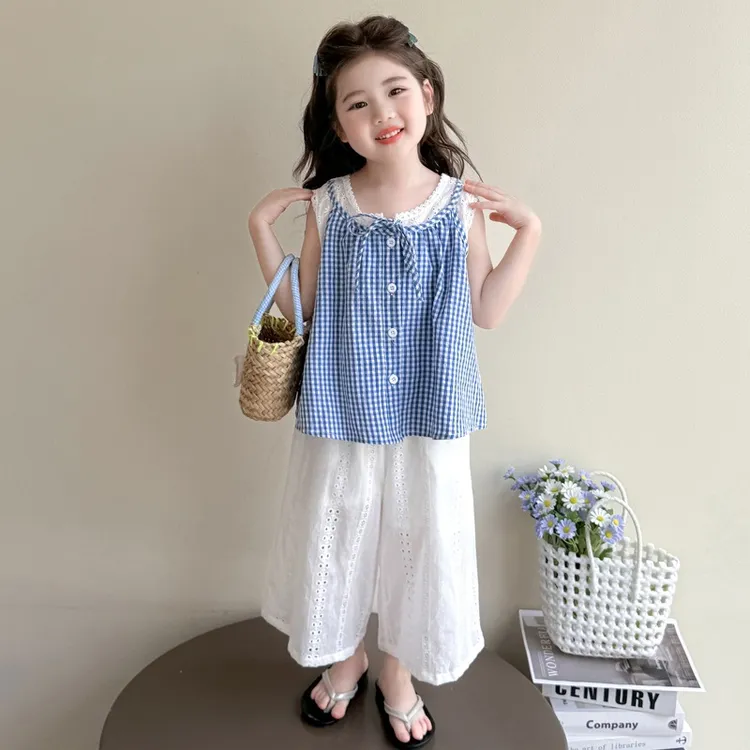 女童假两件格纹套装夏季新款时尚小女孩洋气两件套