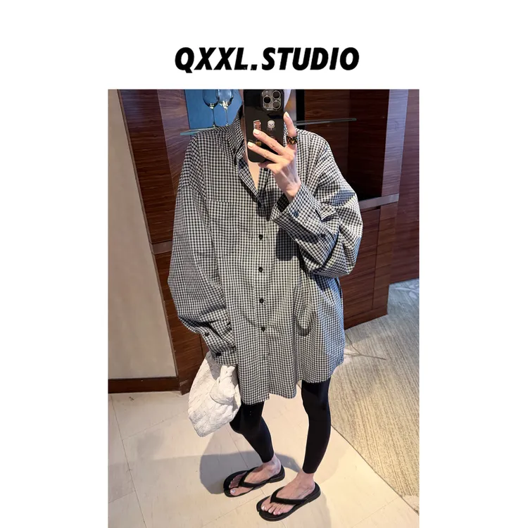 邱小小丽呀 秋季新款韩系格纹长袖衬衣百搭慵懒后背字母印花上衣
