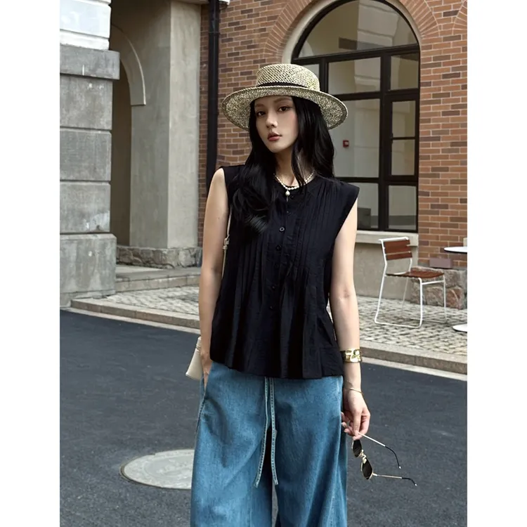 XiANJiE天丝竹麻夏季休闲风无袖压褶衬衫背心