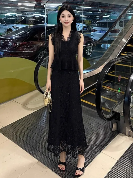 巨好看的时尚套装女法式轻熟风气质蕾丝花边无袖上衣半身裙两件套