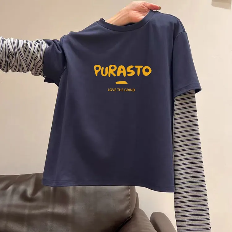 假两件美式复古藏蓝色条纹长袖T恤女秋季新款显瘦慵懒感字母上衣