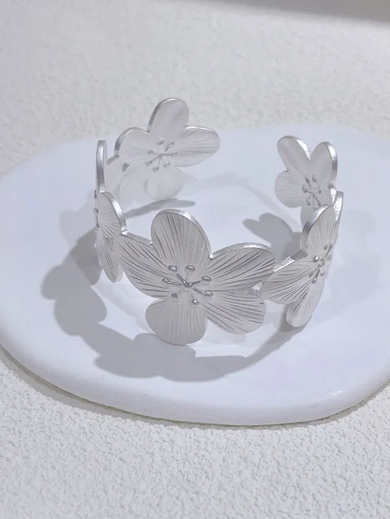 足银手镯 尚晶品珠宝实心宽面开口简约五瓣花足银手镯＋NGTC证书Ag