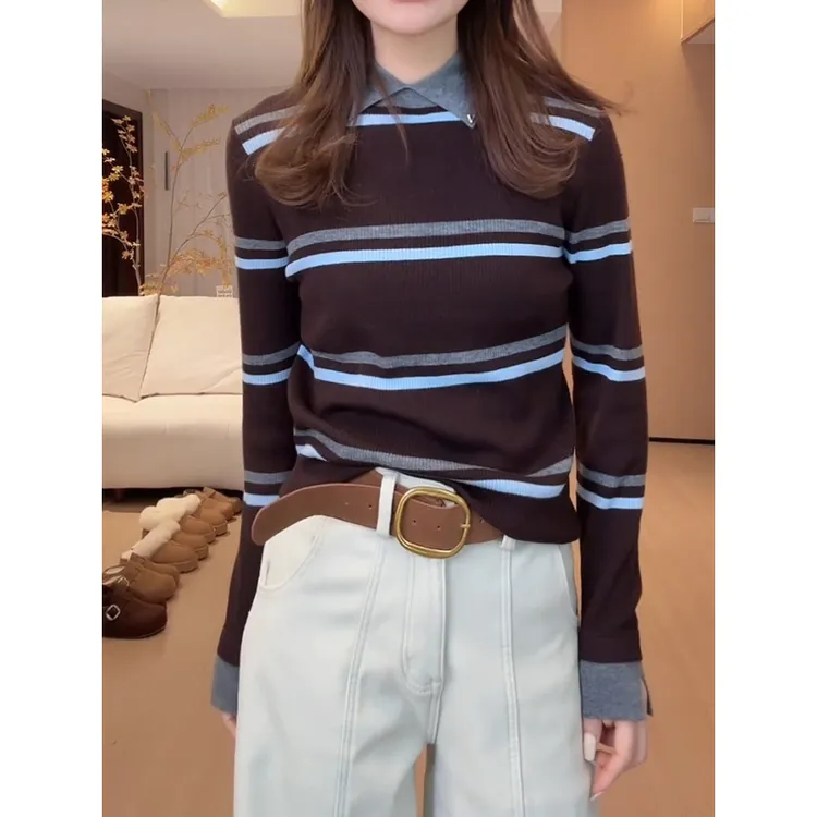 大码翻领撞色条纹针织衫女秋冬新款胖mm高级感毛衣内搭打底衫上衣