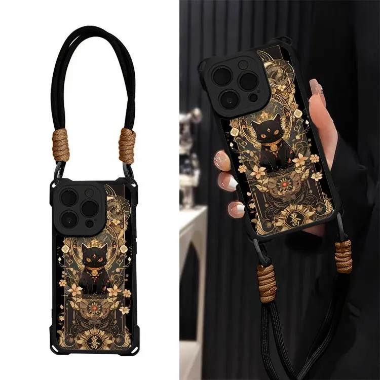 奥菲顿招财黑猫四角挂绳适用苹果17/16手机壳华为vivo小米15oppo