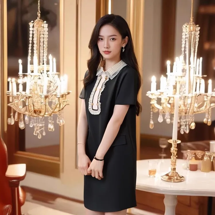 常规娃娃领显瘦宫廷风夏季小个子显高长连衣裙复古拼接cleanfit风