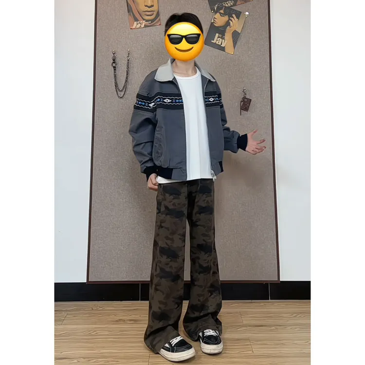 美式vintage迷彩牛仔裤男款秋冬加绒vibe裤子cleanfit痞帅直筒裤