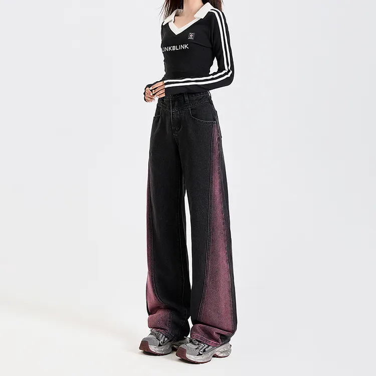 撞色阔腿牛仔裤女2025年新款黑色高腰显瘦宽松拖地梨形身材直筒裤
